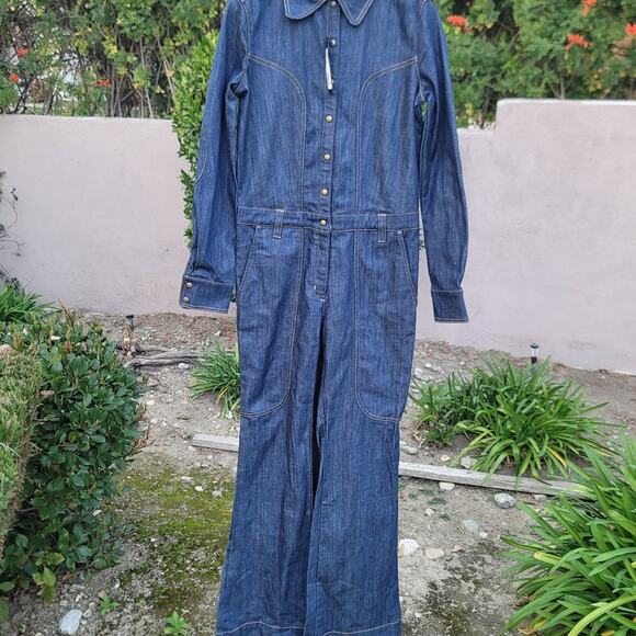 Land Of Distraction 70’s Inspired Denim Flared Utility Jumpsuit - Picture 2 of 8